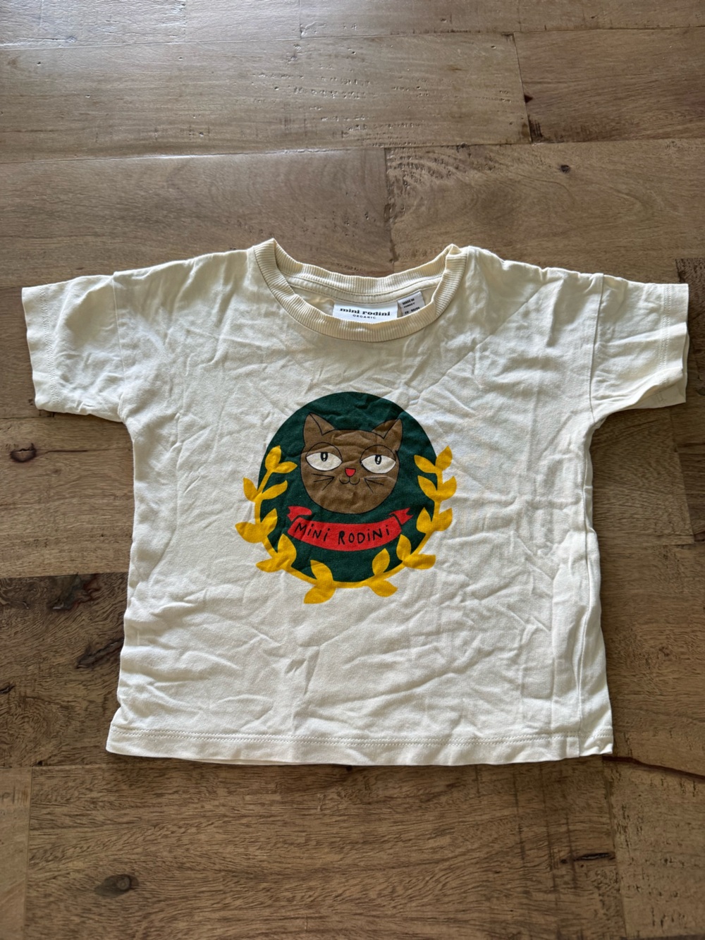 Mini Rodini Cream T-Shirt organic cotton badge Cat Graphic size 12-18 months